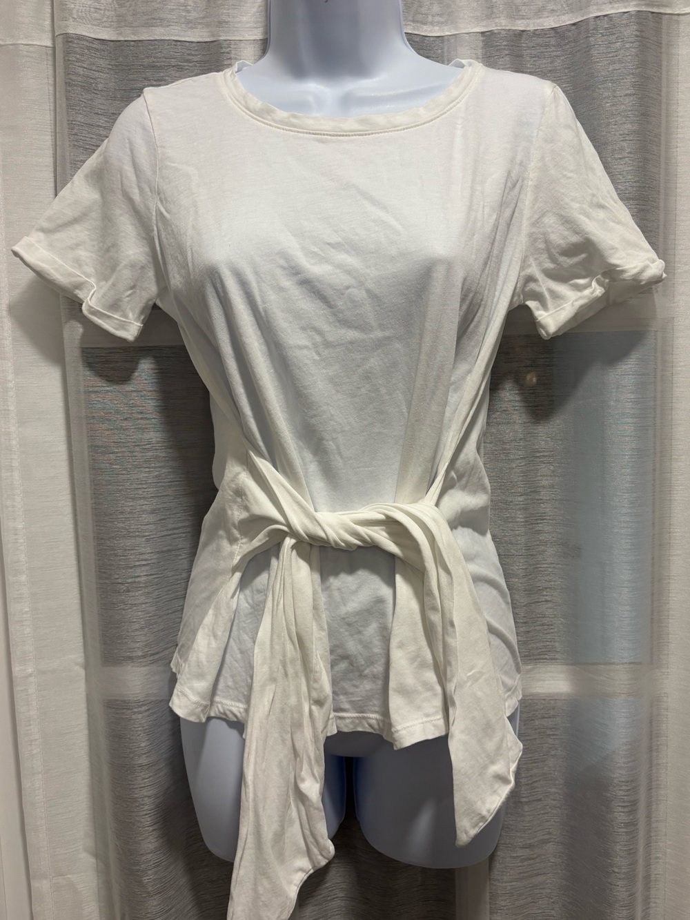 By Anthropologie White Front Tie Tee Shirt 100% Cotton Cuffed Sleeves Size Small